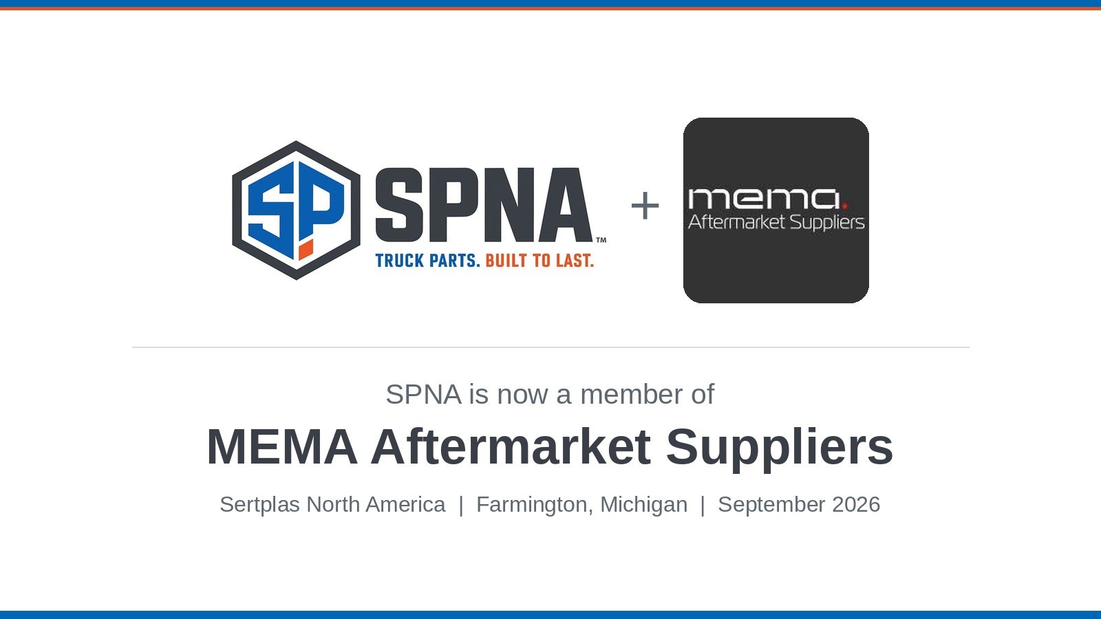 SPNA and MEMA Aftermarket Suppliers logos side by side with the text SPNA is now a member of MEMA Aftermarket Suppliers